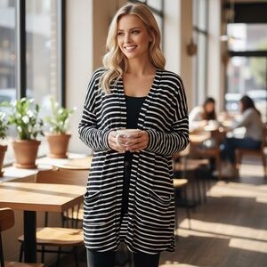 T by Talbots Black and White Striped Cardigan